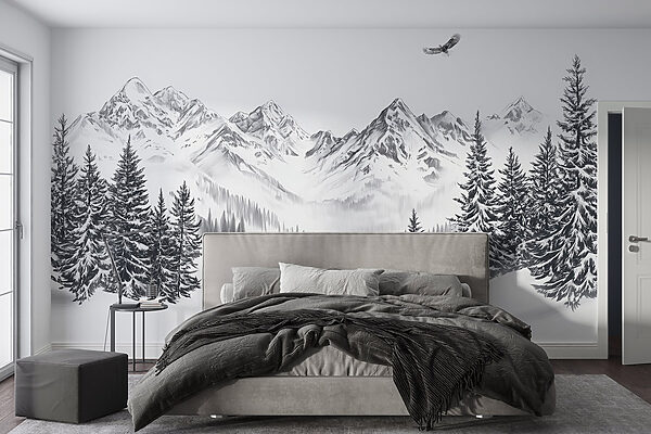 Paysage de montagne enneigée avec des arbres et un oiseau en vol Paysage de montagne enneigée avec des arbres et un oiseau en vol