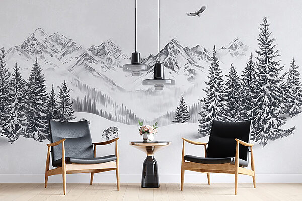Paysage de montagne enneigée avec des arbres et un oiseau en vol Paysage de montagne enneigée avec des arbres et un oiseau en vol