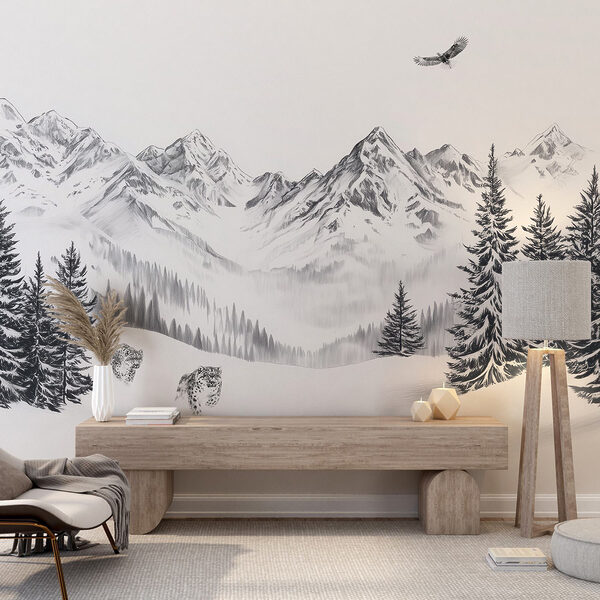 Paysage de montagne enneigée avec des arbres et un oiseau en vol Paysage de montagne enneigée avec des arbres et un oiseau en vol