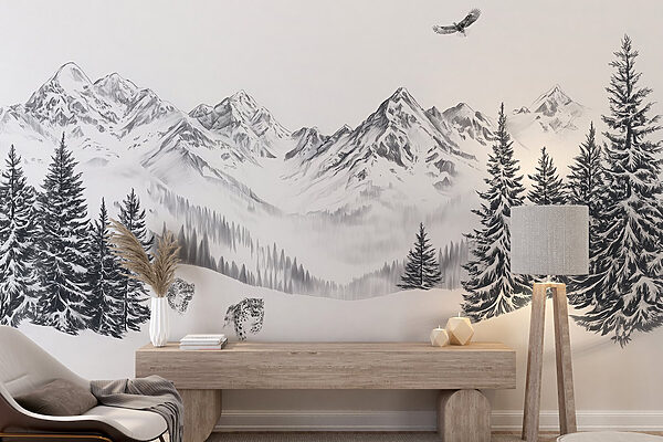 Paysage de montagne enneigée avec des arbres et un oiseau en vol Paysage de montagne enneigée avec des arbres et un oiseau en vol