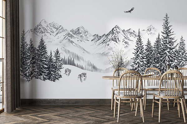 Paysage de montagne enneigée avec des arbres et un oiseau en vol Paysage de montagne enneigée avec des arbres et un oiseau en vol