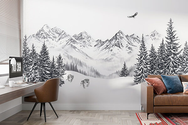 Paysage de montagne enneigée avec des arbres et un oiseau en vol Paysage de montagne enneigée avec des arbres et un oiseau en vol