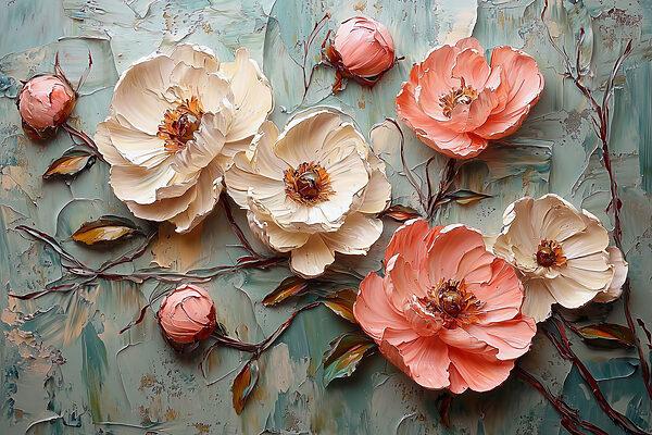 Peinture de fleurs sur une surface bleue Peinture de fleurs sur une surface bleue