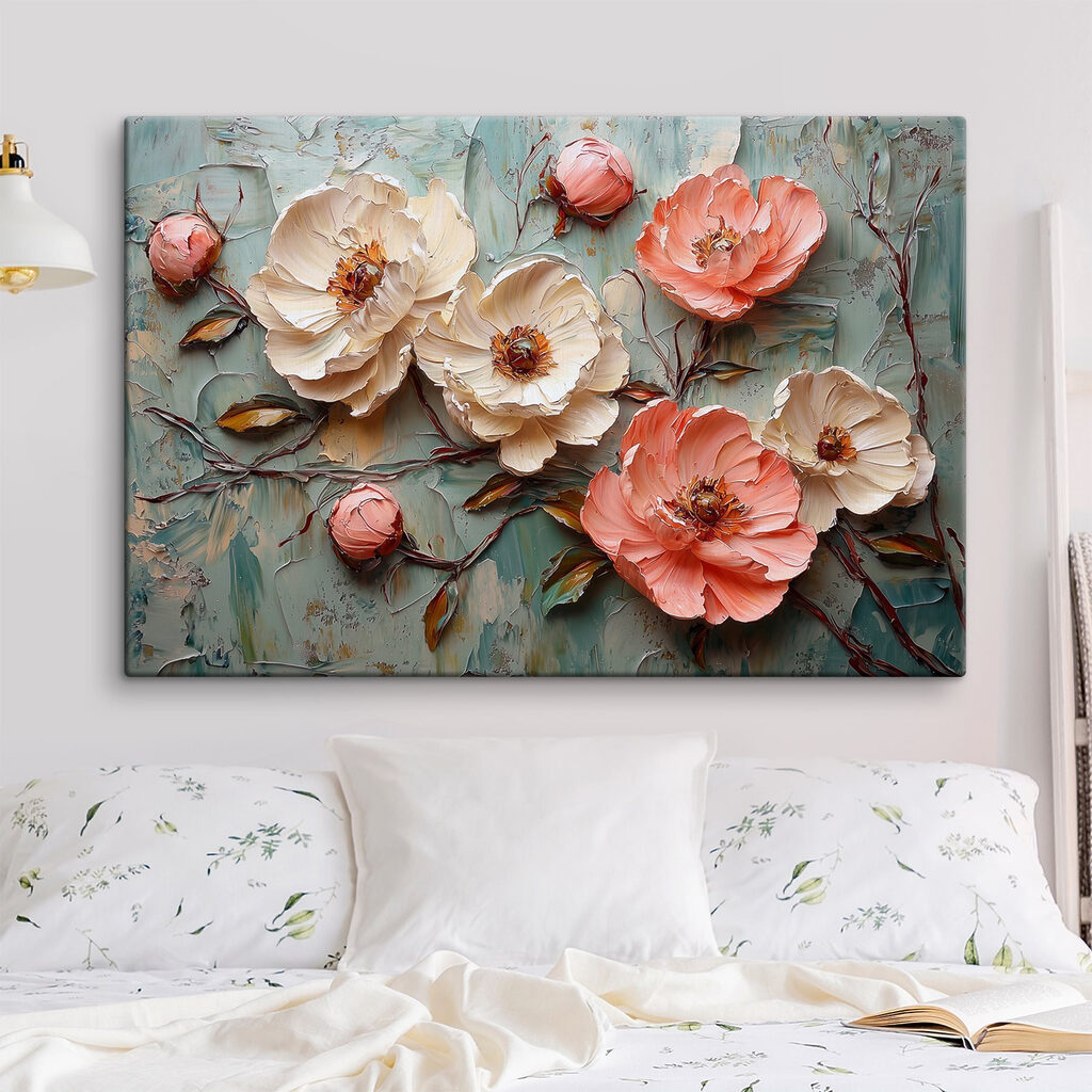 Painting of flowers on a blue surface Painting of flowers on a blue surface