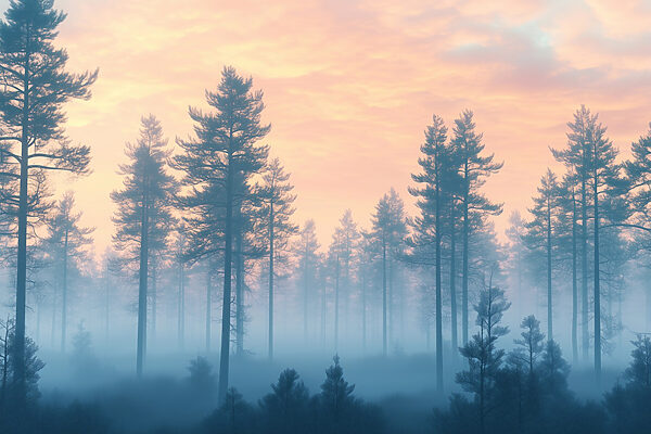 Forêt brumeuse avec des arbres Forêt brumeuse avec des arbres