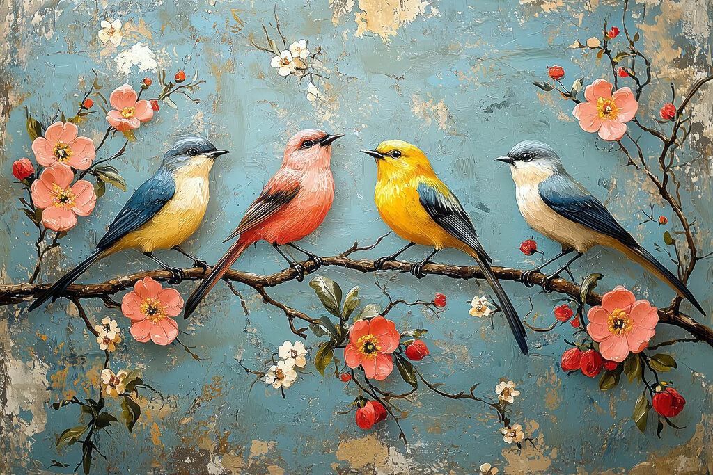 Group of birds on a branch with flowers Group of birds on a branch with flowers
