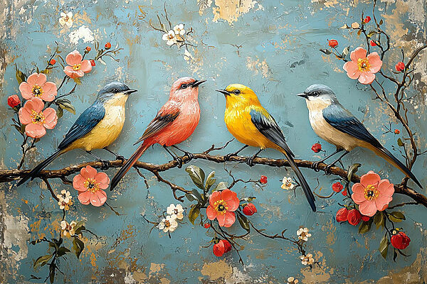 Groupe d'oiseaux sur une branche avec des fleurs Groupe d'oiseaux sur une branche avec des fleurs
