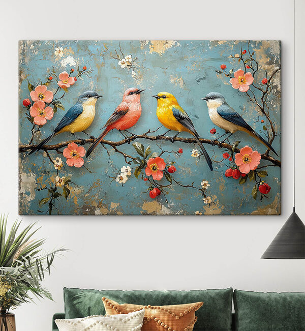 Groupe d'oiseaux sur une branche avec des fleurs Groupe d'oiseaux sur une branche avec des fleurs