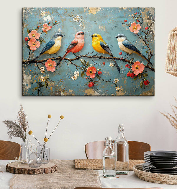 Groupe d'oiseaux sur une branche avec des fleurs Groupe d'oiseaux sur une branche avec des fleurs