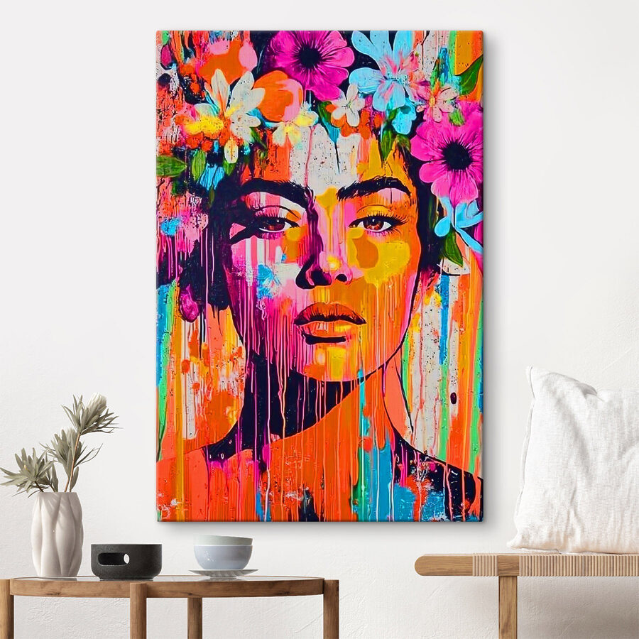 Peinture d'une femme avec des fleurs sur la tête