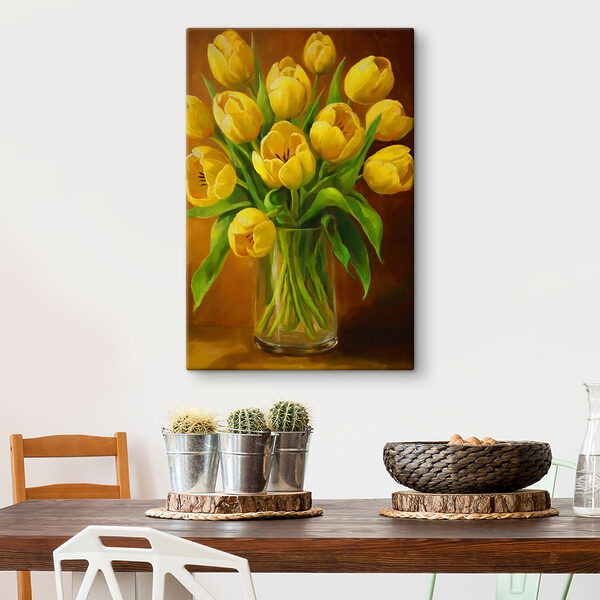 Peinture de tulipes jaunes dans un vase en verre Peinture de tulipes jaunes dans un vase en verre