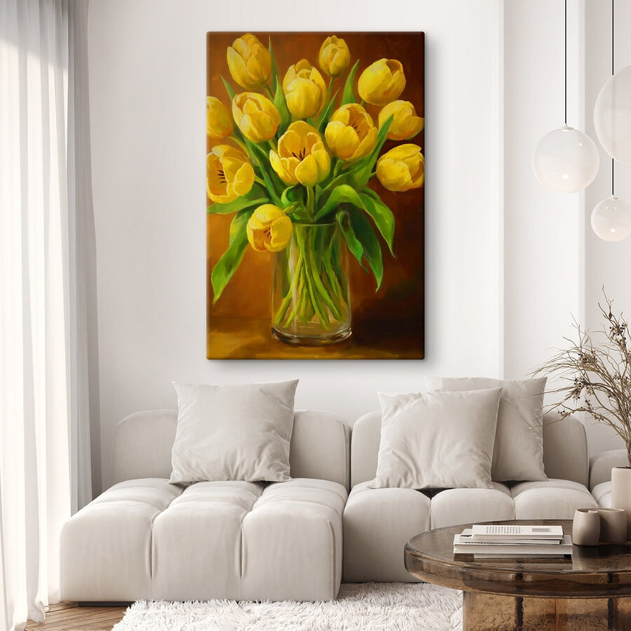 Peinture de tulipes jaunes dans un vase en verre Peinture de tulipes jaunes dans un vase en verre