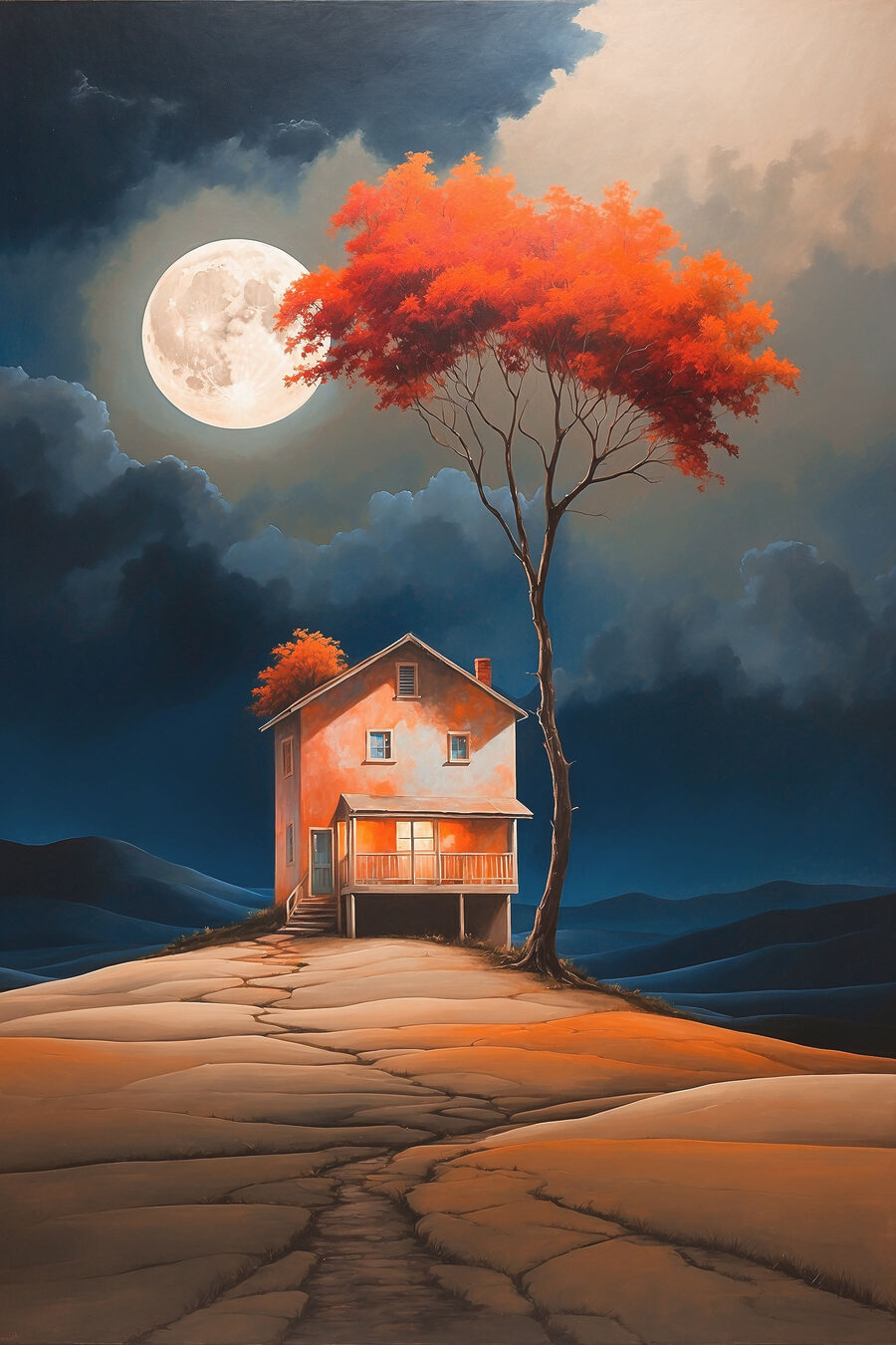Peinture d'une maison avec un arbre et une lune dans le ciel