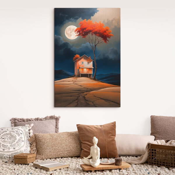 Peinture d'une maison avec un arbre et une lune dans le ciel Peinture d'une maison avec un arbre et une lune dans le ciel