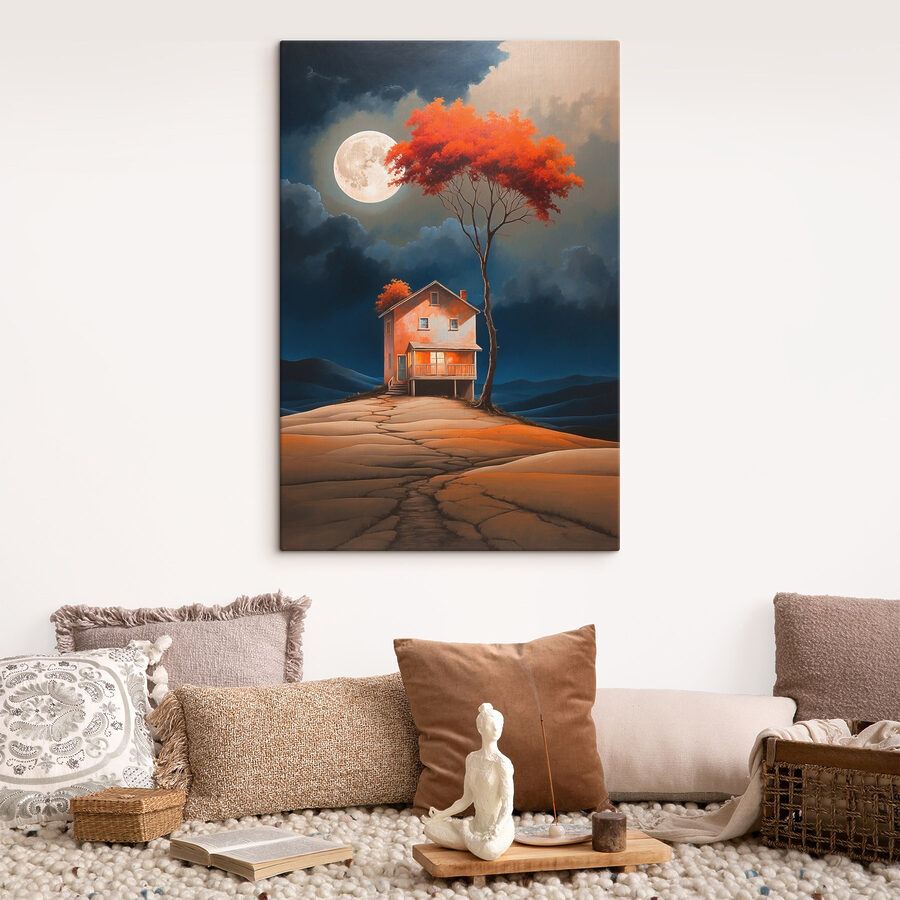 Peinture d'une maison avec un arbre et une lune dans le ciel