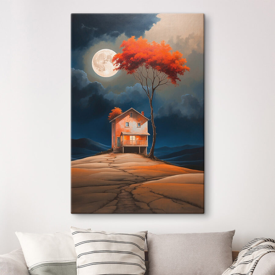Peinture d'une maison avec un arbre et une lune dans le ciel