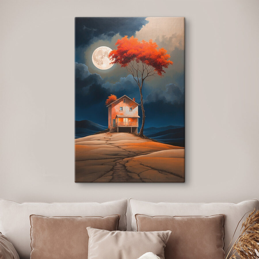 Peinture d'une maison avec un arbre et une lune dans le ciel