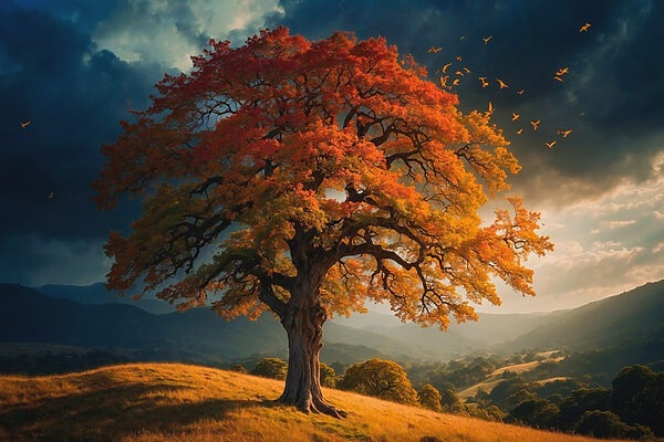 Arbre aux feuilles orange et jaunes sur une colline Arbre aux feuilles orange et jaunes sur une colline