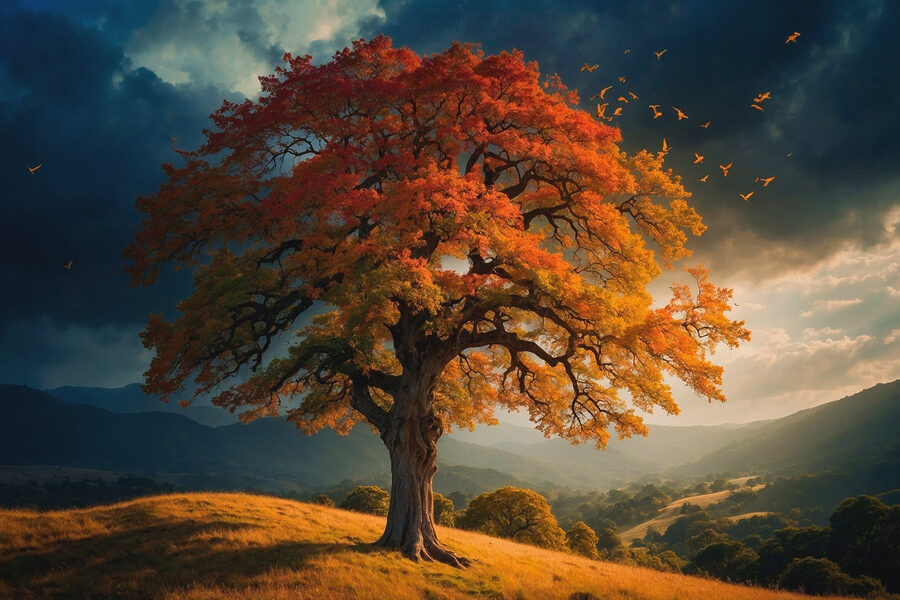 Arbre aux feuilles orange et jaunes sur une colline