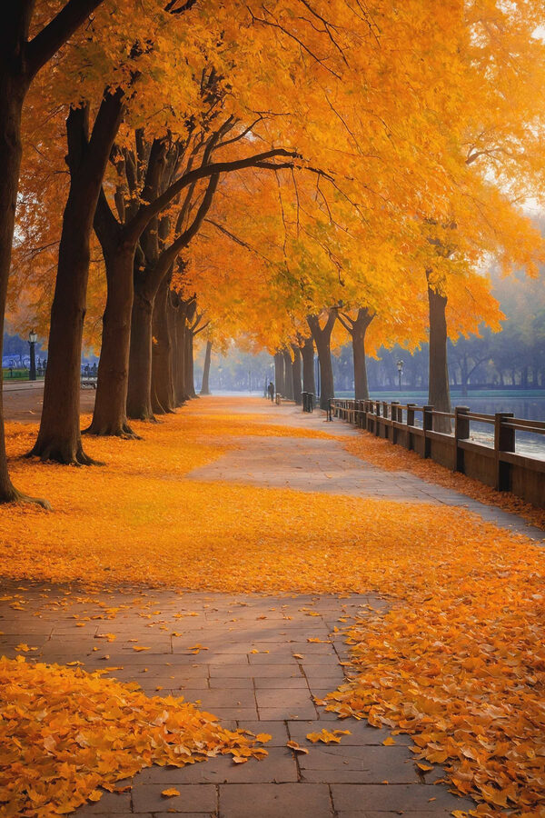 Chemin avec des feuilles d'oranger sur le sol Chemin avec des feuilles d'oranger sur le sol