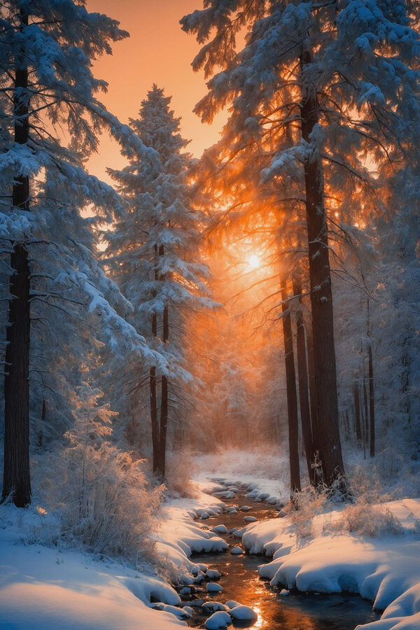 Forêt enneigée avec des arbres et un ruisseau Forêt enneigée avec des arbres et un ruisseau