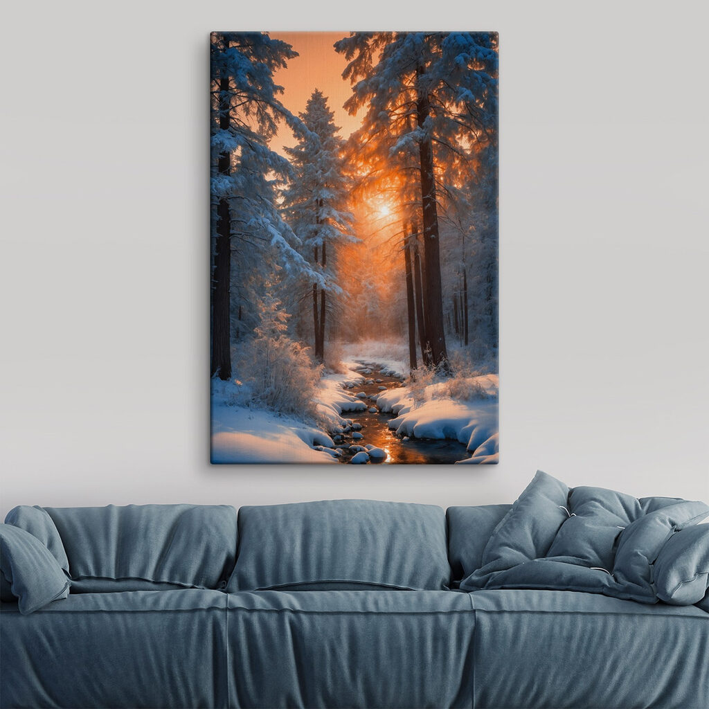 Snowy forest with trees and a stream