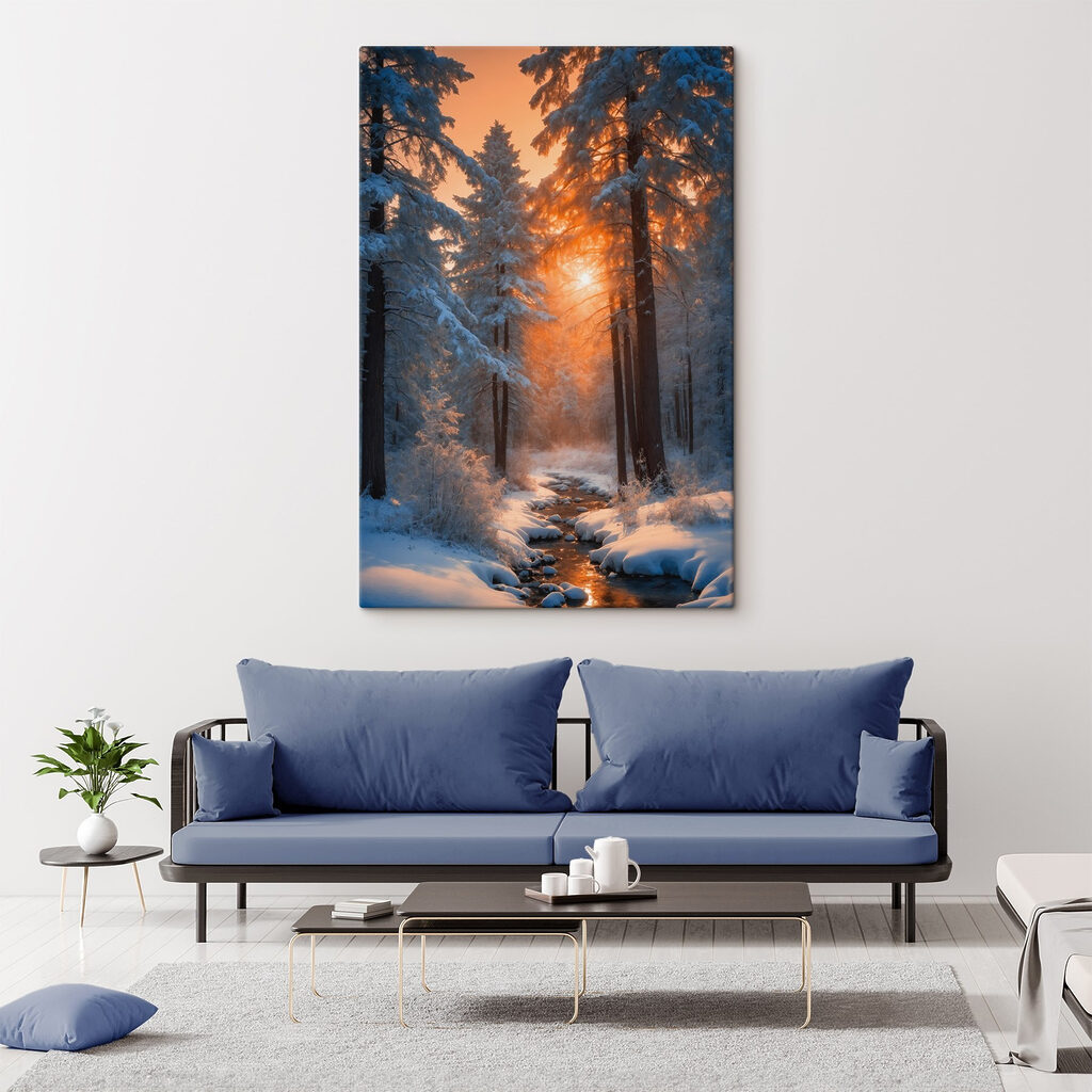 Snowy forest with trees and a stream