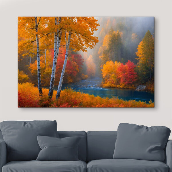 Rivière avec arbres et feuilles colorées Rivière avec arbres et feuilles colorées