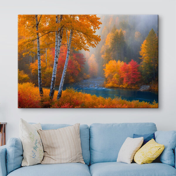 Rivière avec arbres et feuilles colorées Rivière avec arbres et feuilles colorées