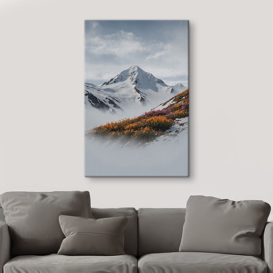 Montagne avec neige et fleurs