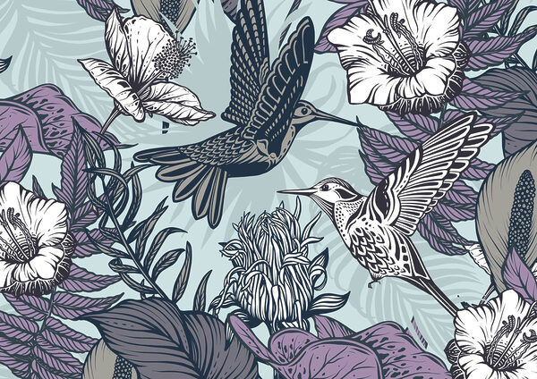 Bird flying next to flowers