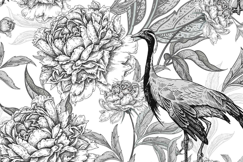Bird and flowers on a white background