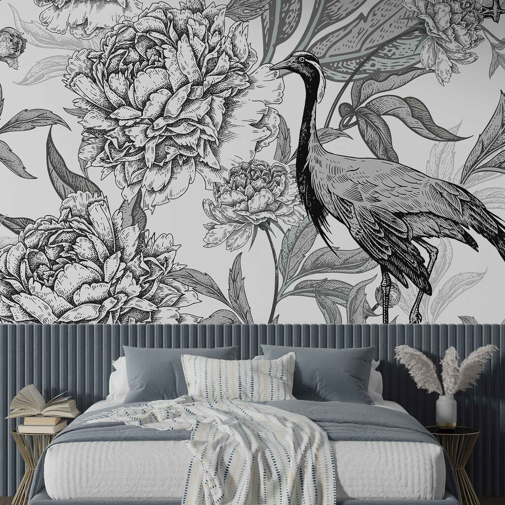 Bird and flowers on a white background