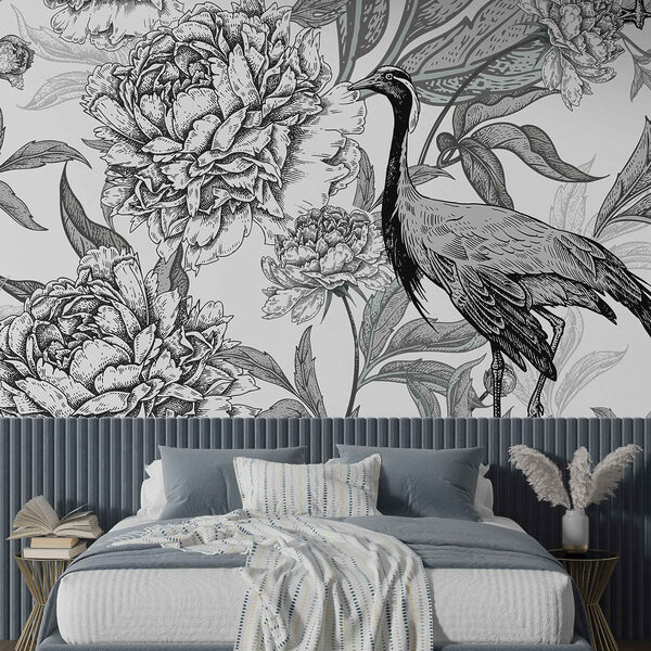 Papier peint Papier peint Oiseau et fleurs sur fond blanc (UGS : w02363)
