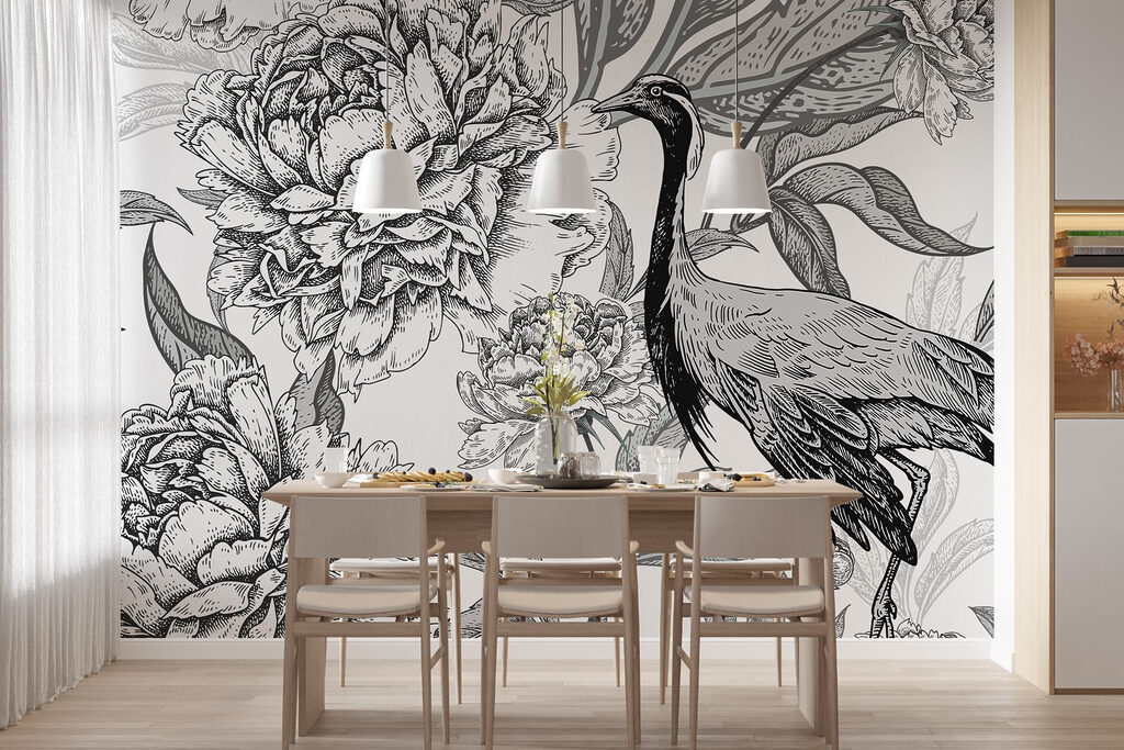 Bird and flowers on a white background