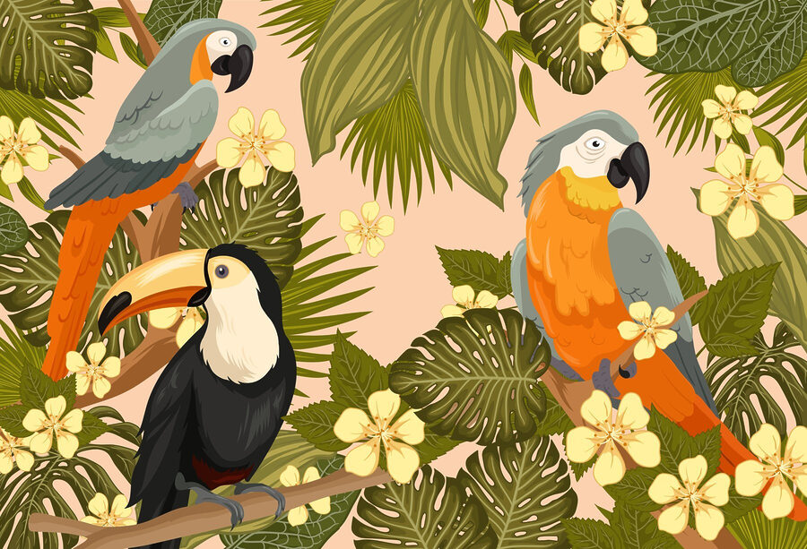 Groupe d'oiseaux sur une branche d'arbre