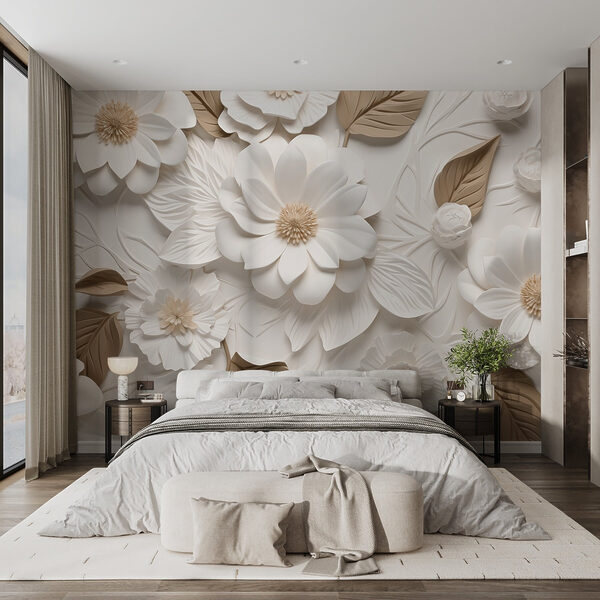 Fleurs et feuilles blanches et brunes Fleurs et feuilles blanches et brunes