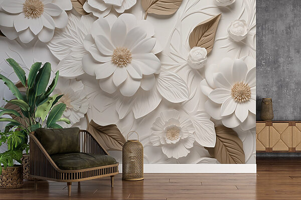 Fleurs et feuilles blanches et brunes Fleurs et feuilles blanches et brunes