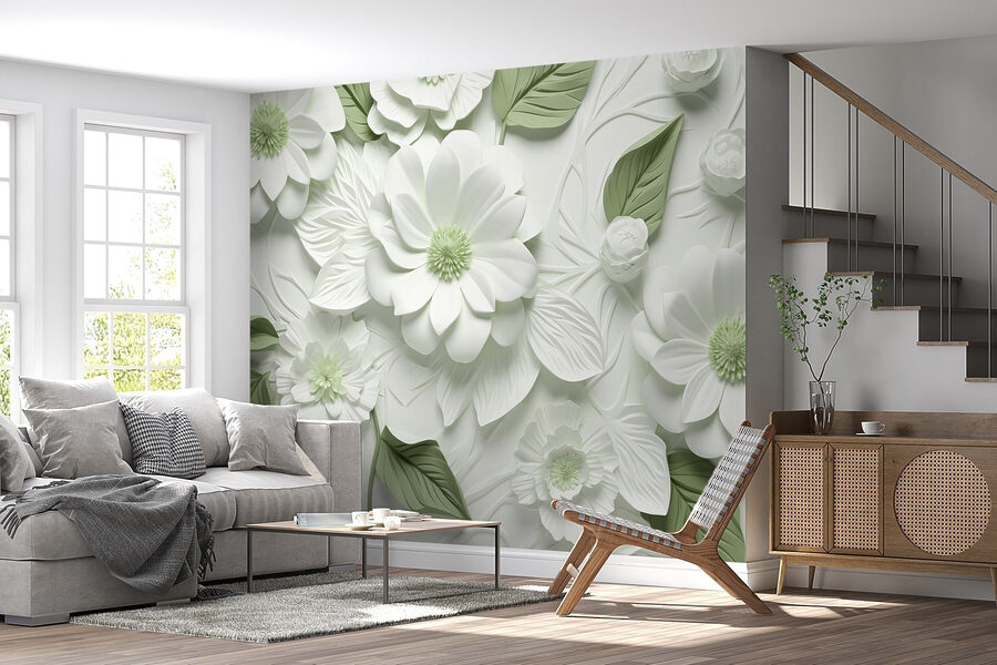 Fleurs et feuilles blanches et vertes