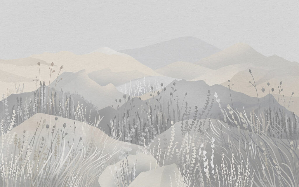 Peinture d'un paysage avec des montagnes et de l'herbe Peinture d'un paysage avec des montagnes et de l'herbe