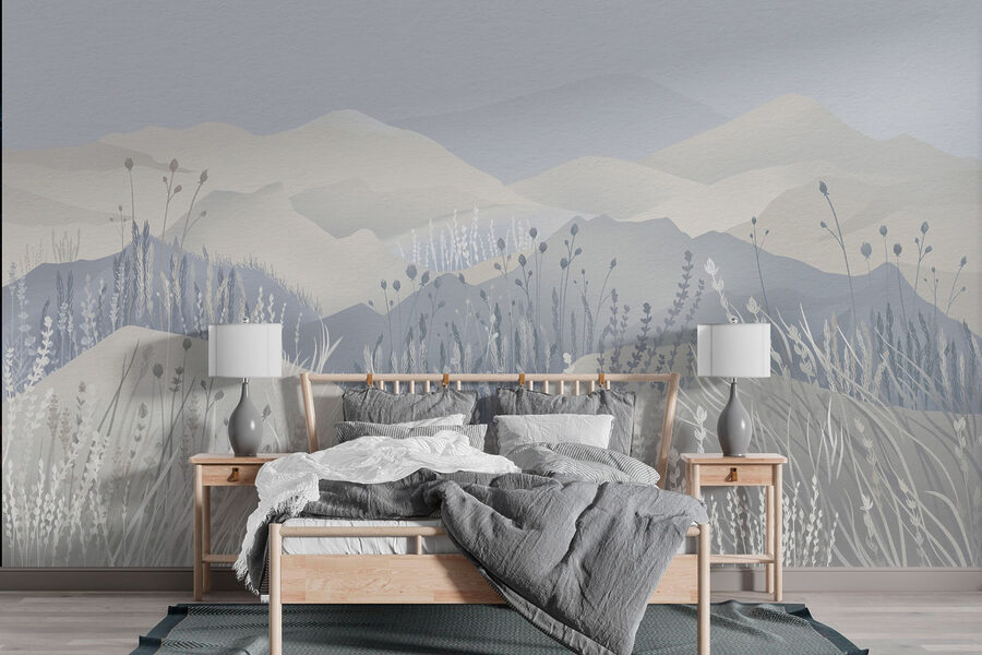 Peinture d'un paysage avec des montagnes et de l'herbe Peinture d'un paysage avec des montagnes et de l'herbe