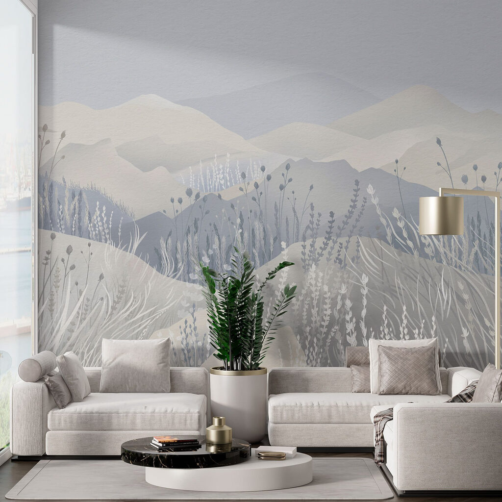 Painting of a landscape with mountains and grass