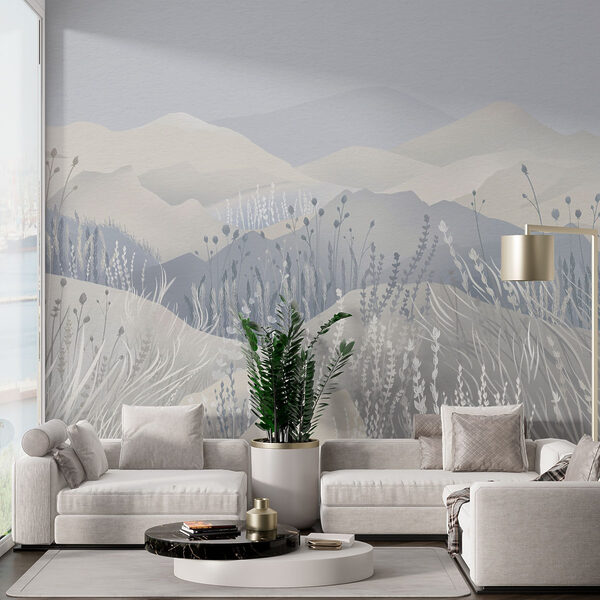 Peinture d'un paysage avec des montagnes et de l'herbe Peinture d'un paysage avec des montagnes et de l'herbe