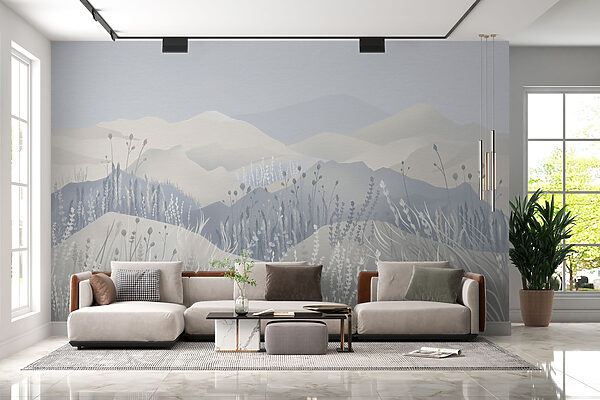 Peinture d'un paysage avec des montagnes et de l'herbe Peinture d'un paysage avec des montagnes et de l'herbe
