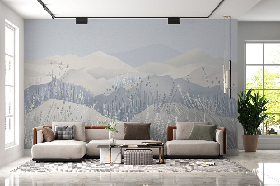 Peinture d'un paysage avec des montagnes et de l'herbe Peinture d'un paysage avec des montagnes et de l'herbe