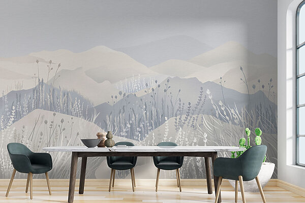 Peinture d'un paysage avec des montagnes et de l'herbe Peinture d'un paysage avec des montagnes et de l'herbe