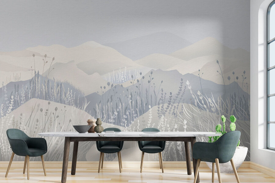 Peinture d'un paysage avec des montagnes et de l'herbe Peinture d'un paysage avec des montagnes et de l'herbe
