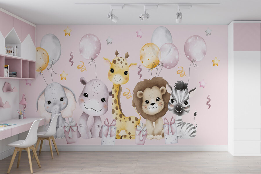 Groupe d'animaux avec des ballons