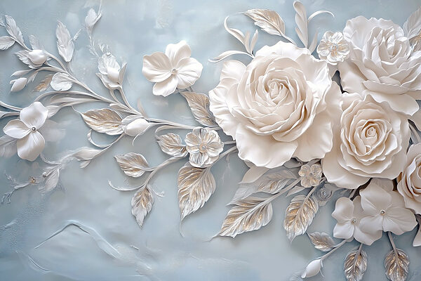 Fleurs et feuilles blanches sur fond bleu Fleurs et feuilles blanches sur fond bleu