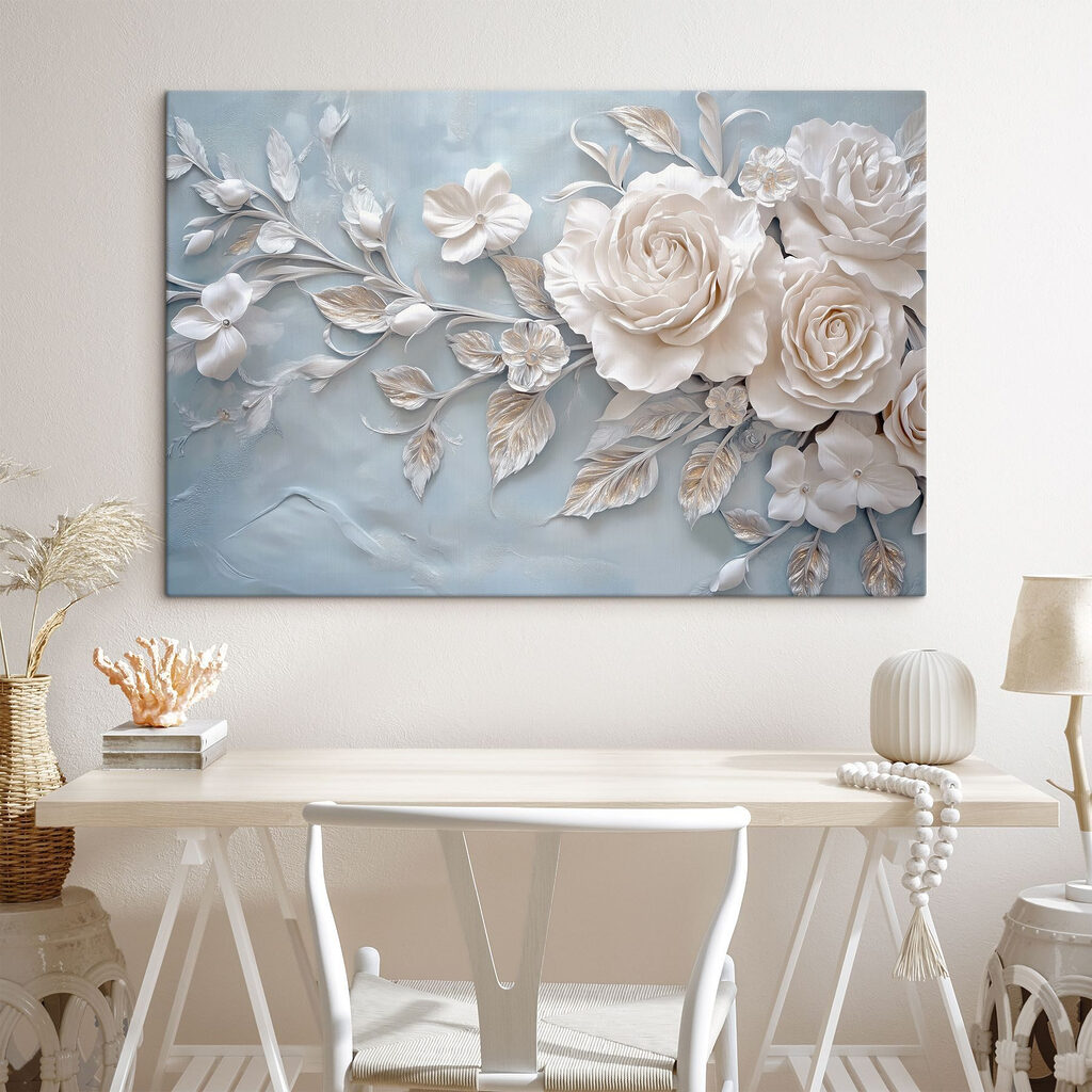 White flowers and leaves on a blue surface